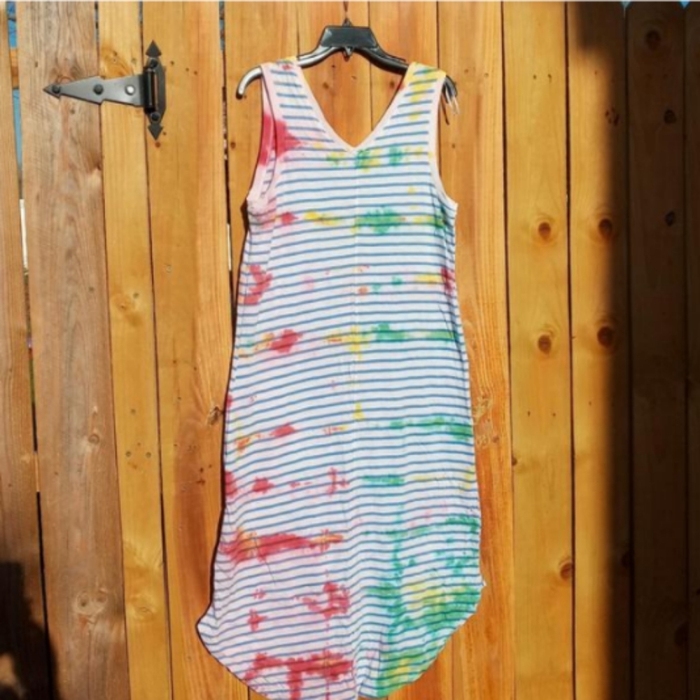 Tie Dye Maxi Dress L 12/14 Sleeveless Striped Red Green Gold vneck NWT nautical